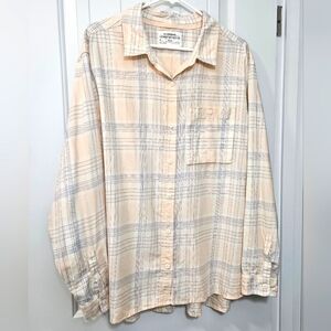 REI Long Sleeve Button Up Cotton Shirt-Plus Size 2x-Peach, Cream, Blue Plaid
